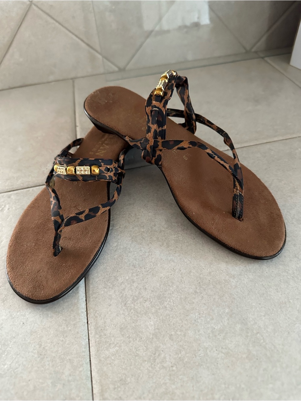Italian Shoemakers Leopard Print Thong Sandals with Gold Accent (6 1/2)  NEW